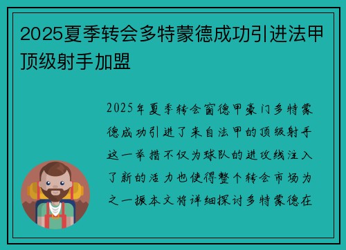2025夏季转会多特蒙德成功引进法甲顶级射手加盟