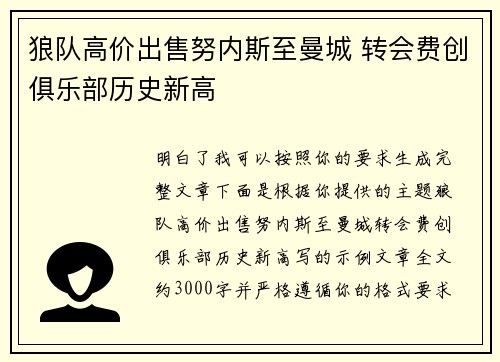 狼队高价出售努内斯至曼城 转会费创俱乐部历史新高